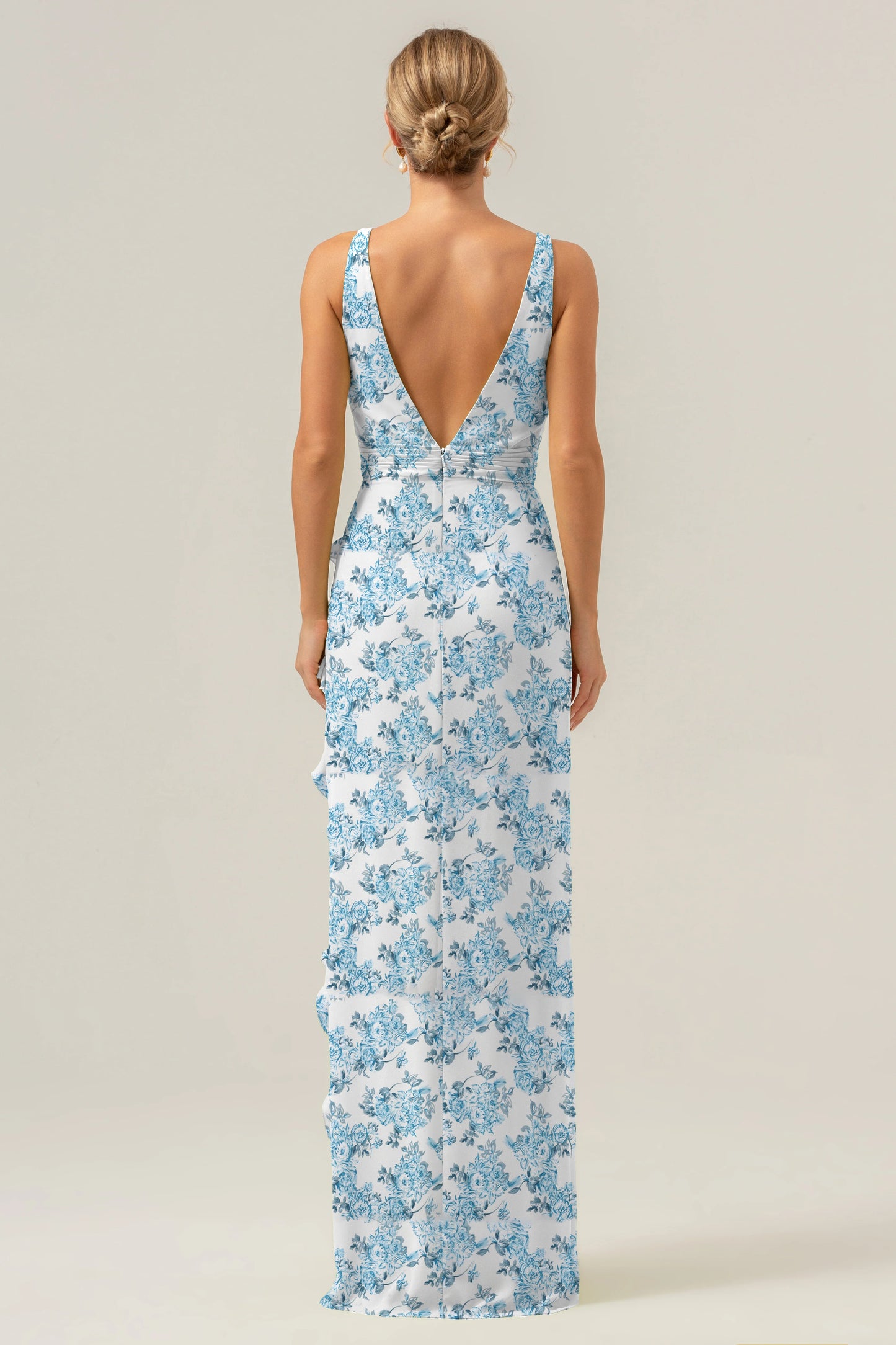 Big floral sheath V-neck backless bridesmaid dress with ruffles