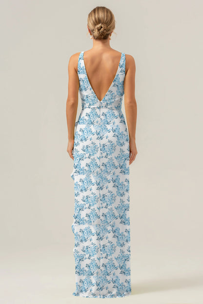 Big floral sheath V-neck backless bridesmaid dress with ruffles