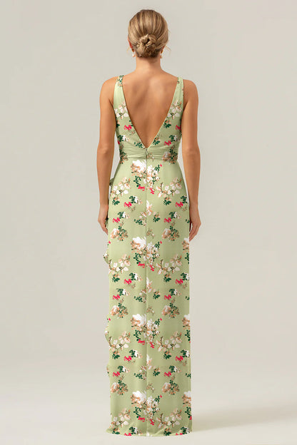 Big floral sheath V-neck backless bridesmaid dress with ruffles