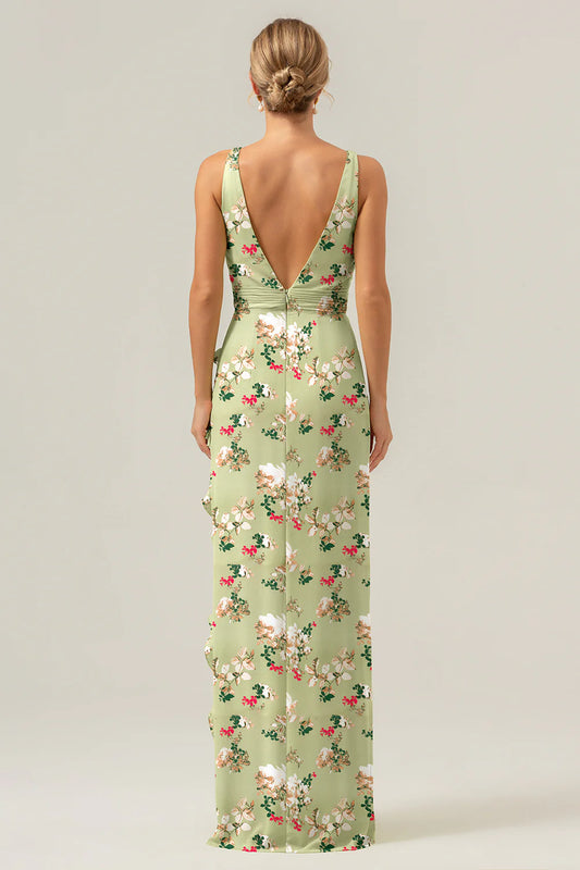 Big floral sheath V-neck backless bridesmaid dress with ruffles