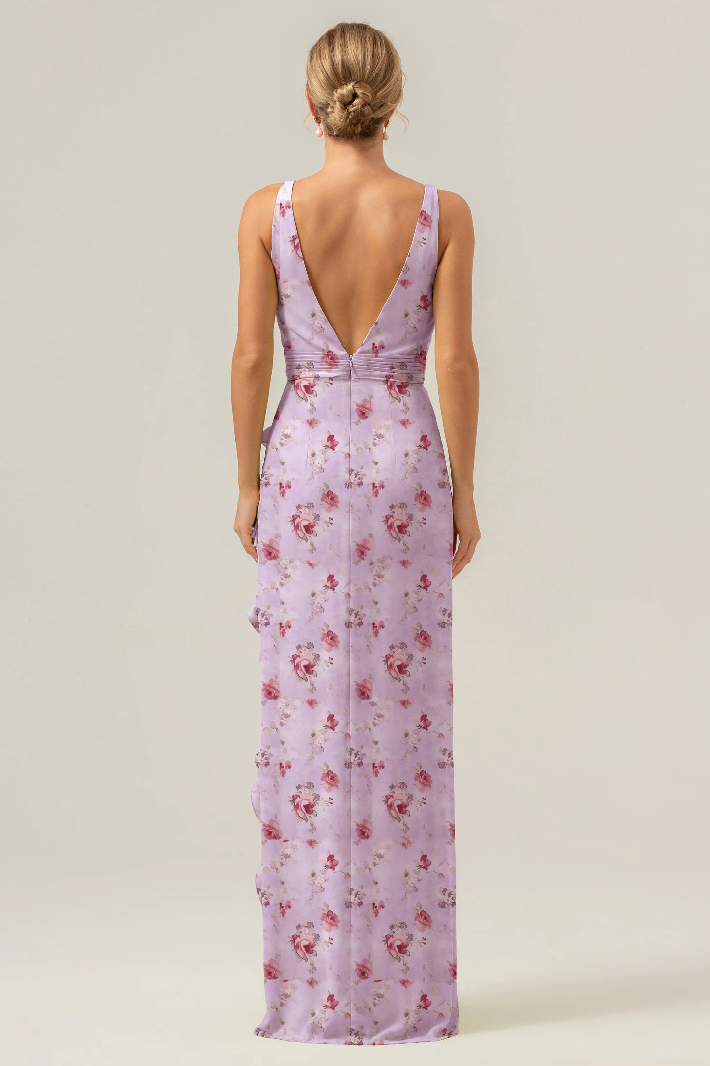 Big floral sheath V-neck backless bridesmaid dress with ruffles