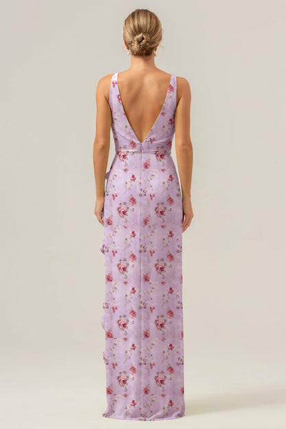 Big floral sheath V-neck backless bridesmaid dress with ruffles