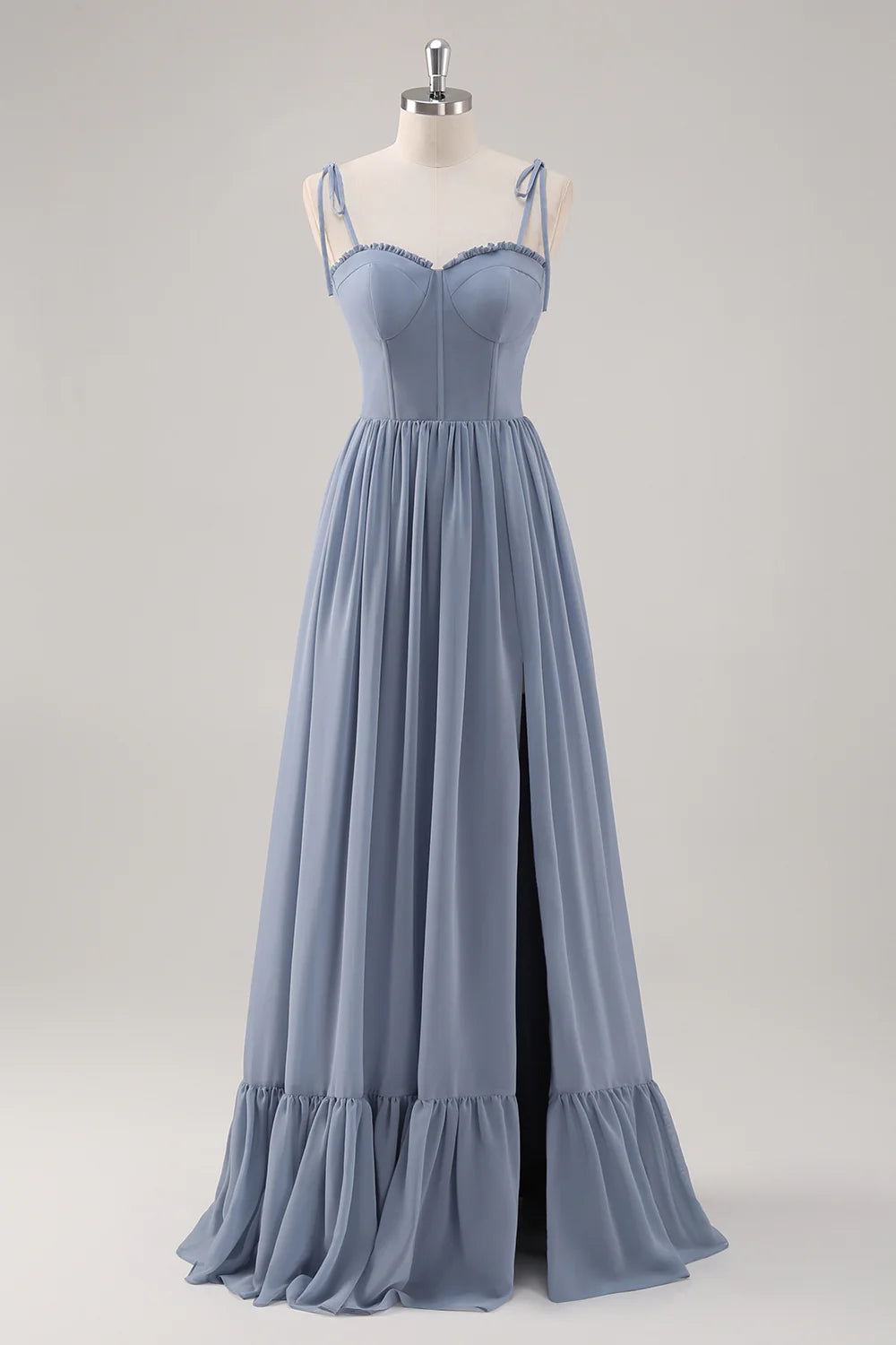 Dusty Blue A Line Spaghetti Straps Lace Up Back Long Bridesmaid Dress with Slit