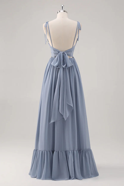Dusty Blue A Line Spaghetti Straps Lace Up Back Long Bridesmaid Dress with Slit