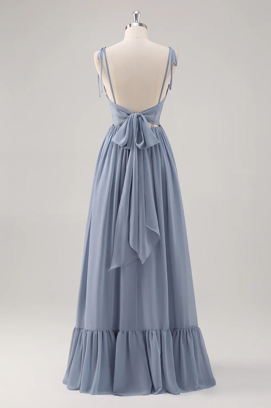 Dusty Blue A Line Spaghetti Straps Lace Up Back Long Bridesmaid Dress with Slit
