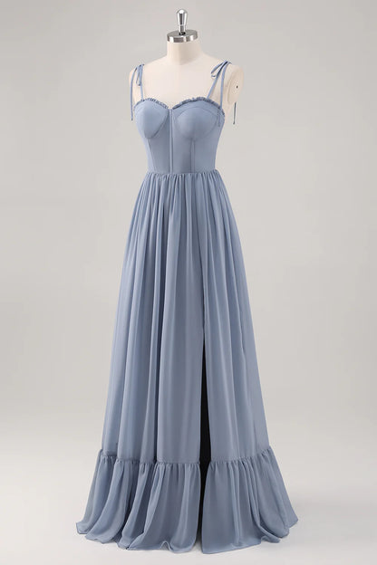 Dusty Blue A Line Spaghetti Straps Lace Up Back Long Bridesmaid Dress with Slit