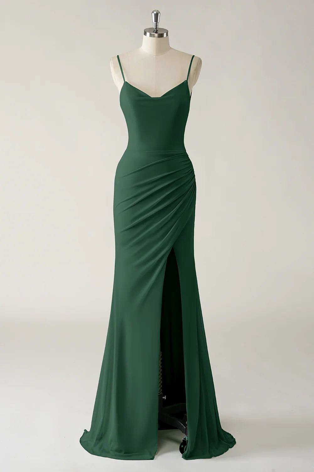 Mermaid thin shoulder chiffon pleated long bridesmaid dress with slit