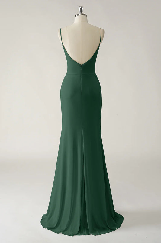 Mermaid thin shoulder chiffon pleated long bridesmaid dress with slit
