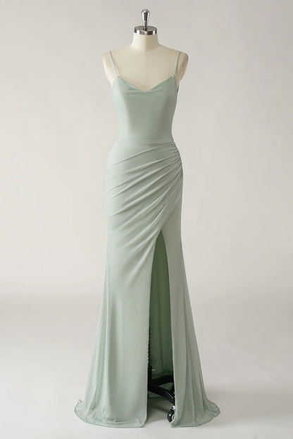 Mermaid thin shoulder chiffon pleated long bridesmaid dress with slit