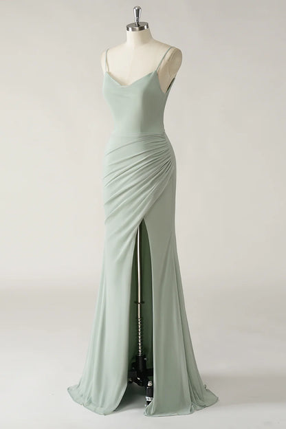 Mermaid thin shoulder chiffon pleated long bridesmaid dress with slit