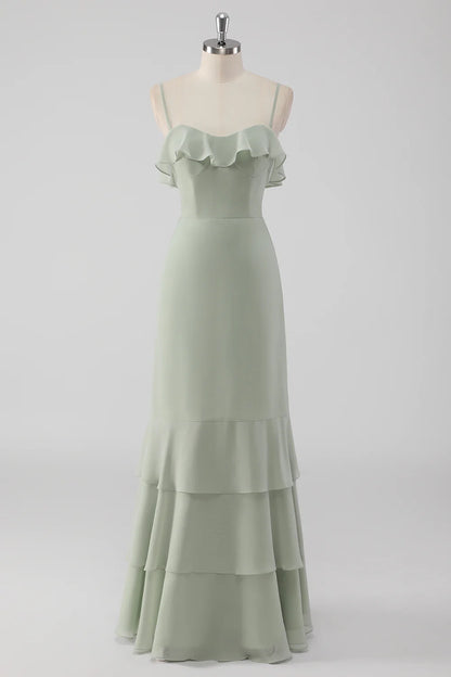 Thin suspender ruffled chest hem pleated long bridesmaid dress