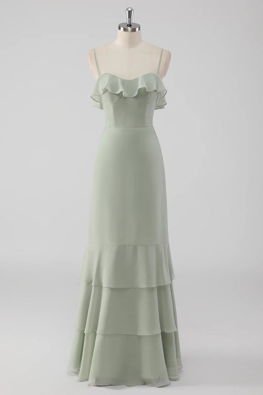 Thin suspender ruffled chest hem pleated long bridesmaid dress