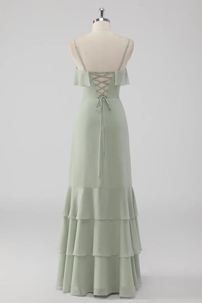 Thin suspender ruffled chest hem pleated long bridesmaid dress