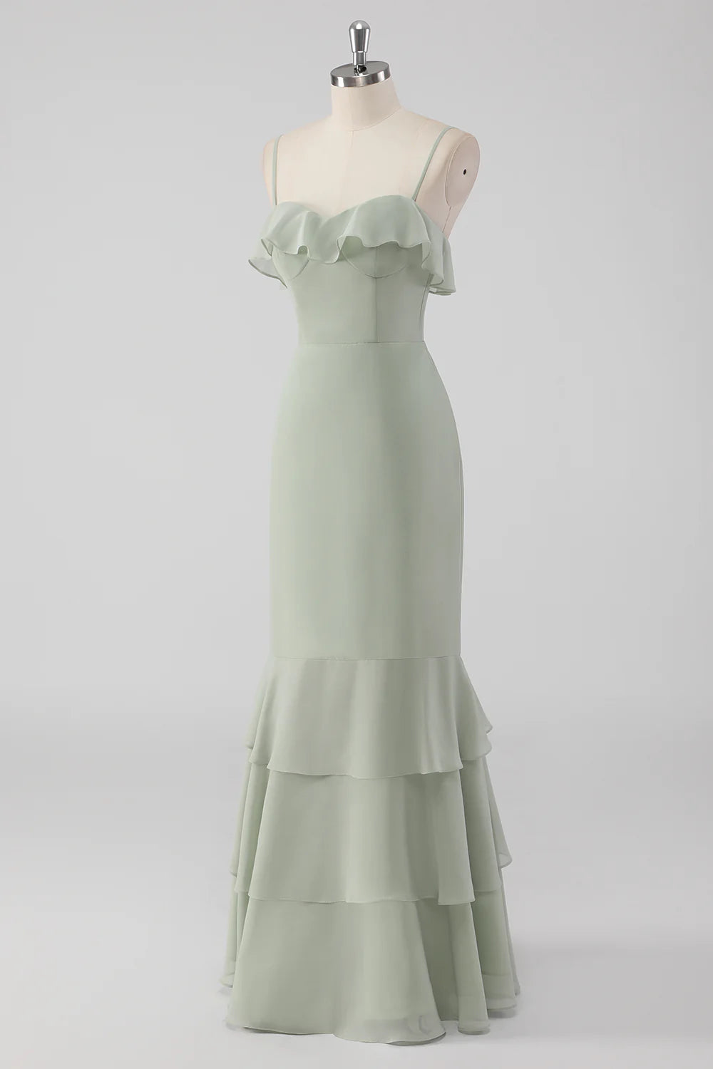 Thin suspender ruffled chest hem pleated long bridesmaid dress