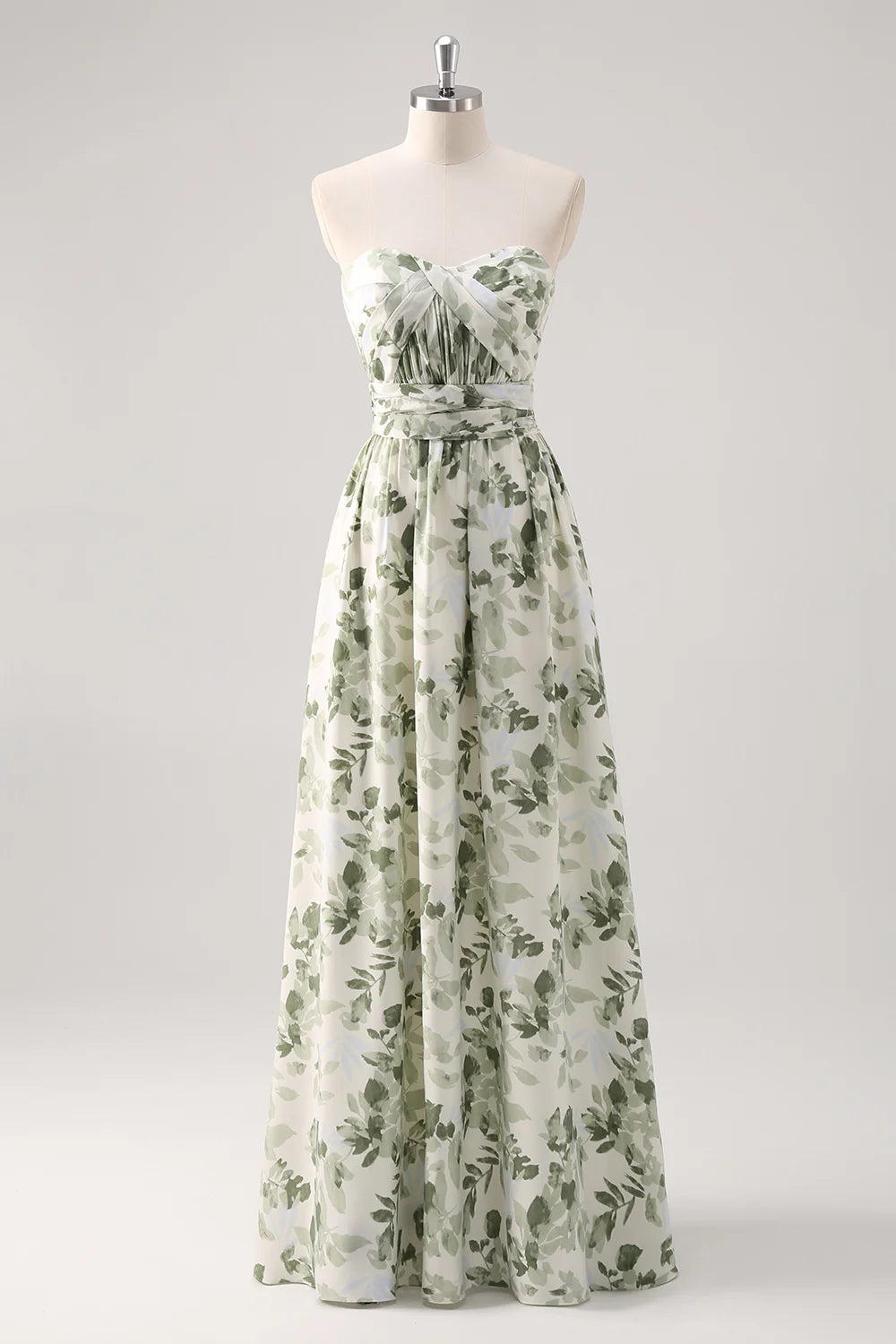 Green Flower A-Line Strapless Printed Ruched Convertible Long Bridesmaid Dress