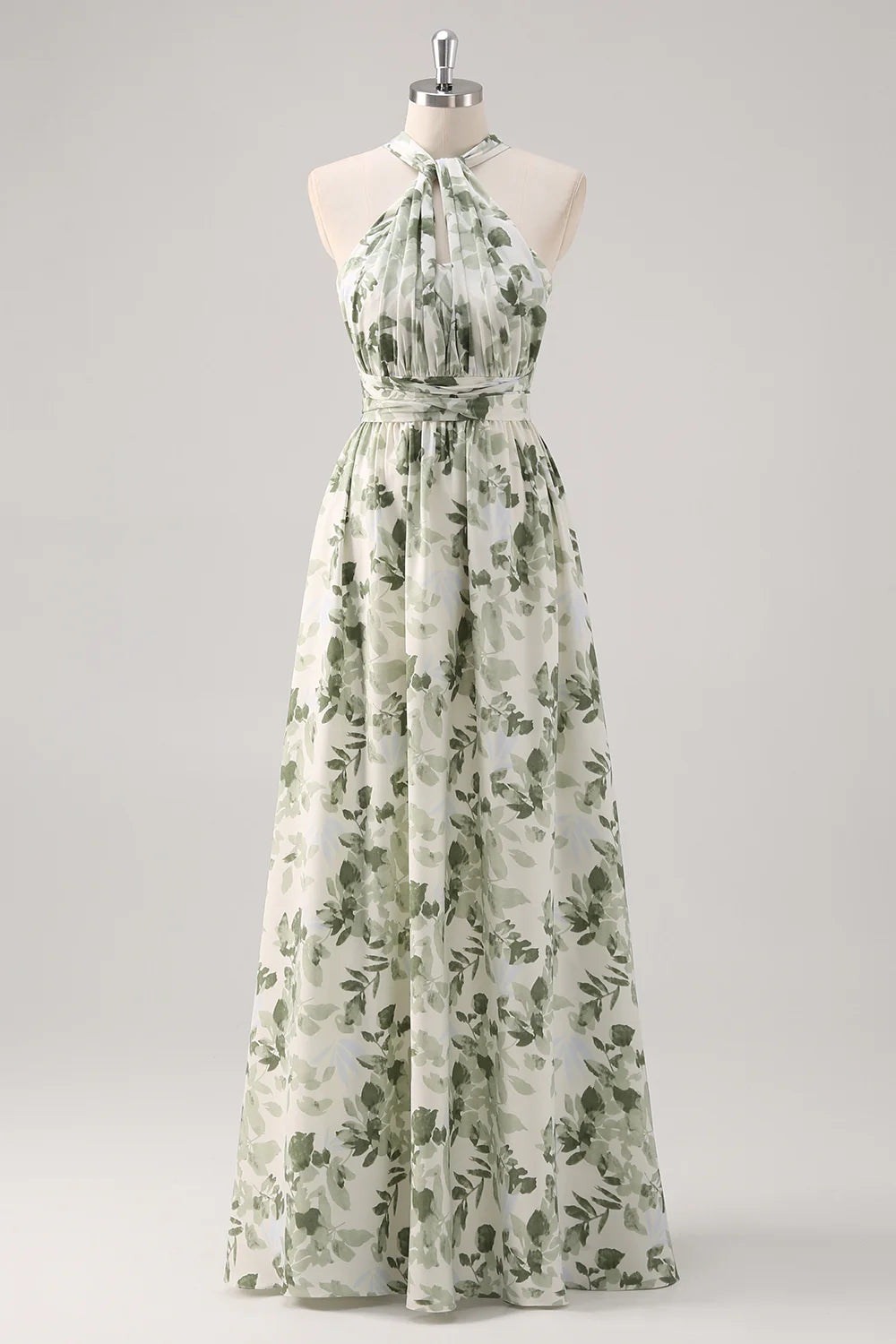 Green Flower A-Line Print Ruched Convertible Design Long Bridesmaid Dress