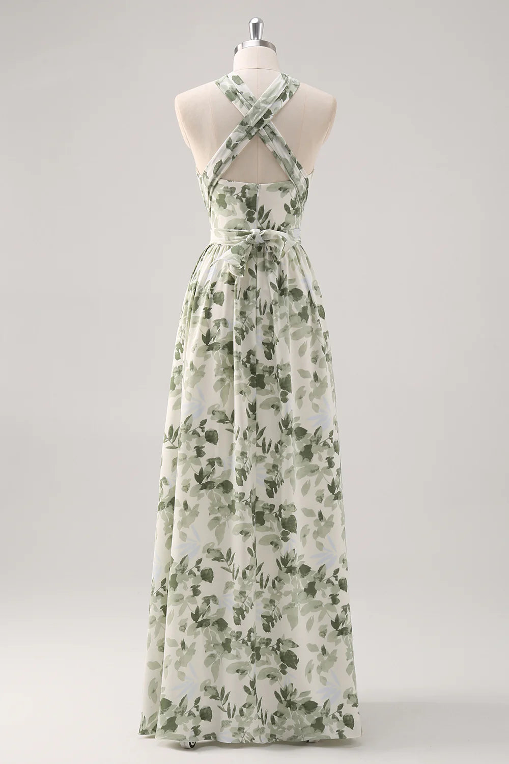 Green Flower A-Line Print Ruched Convertible Design Long Bridesmaid Dress
