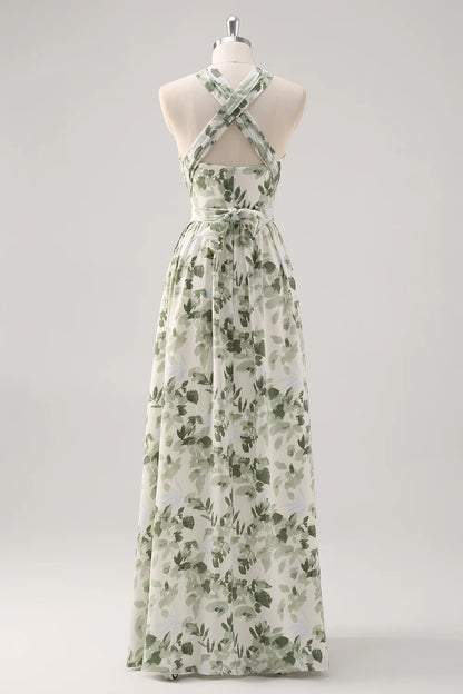 Green Flower A-Line Print Ruched Convertible Design Long Bridesmaid Dress