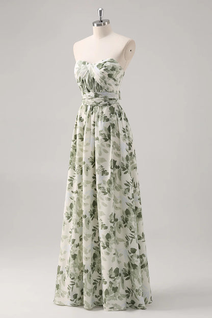 Green Flower A-Line Strapless Printed Ruched Convertible Long Bridesmaid Dress