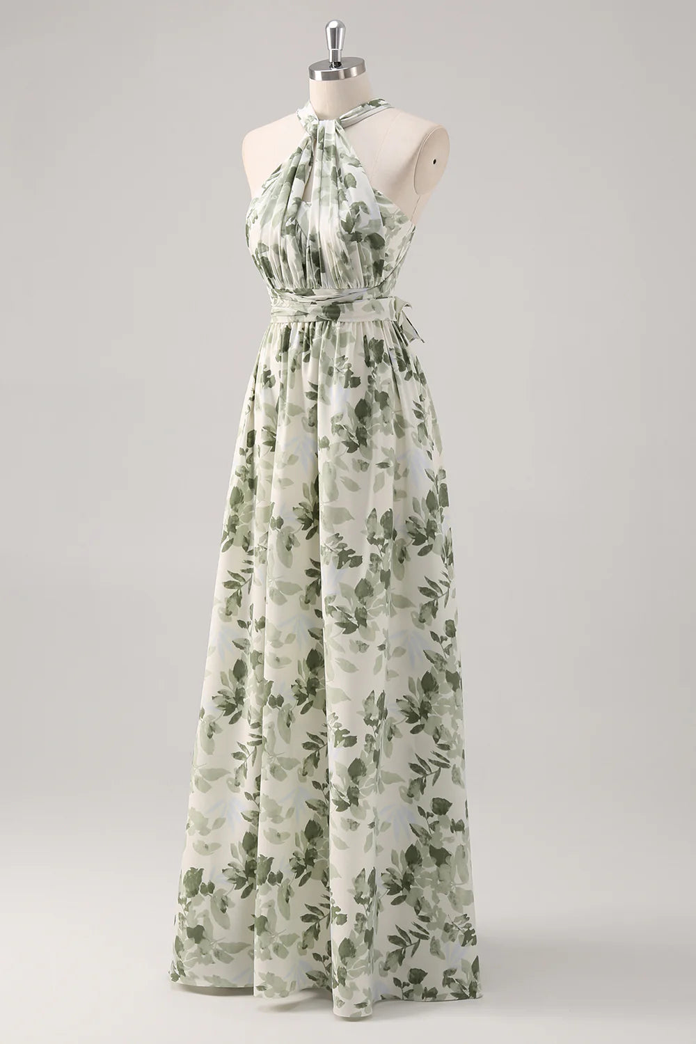 Green Flower A-Line Print Ruched Convertible Design Long Bridesmaid Dress