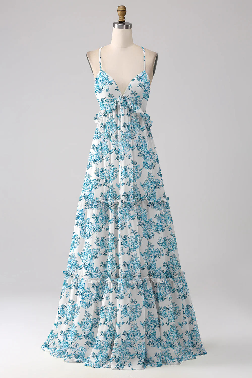 Blue flower A-line thin suspender cross backless long bridesmaid dress