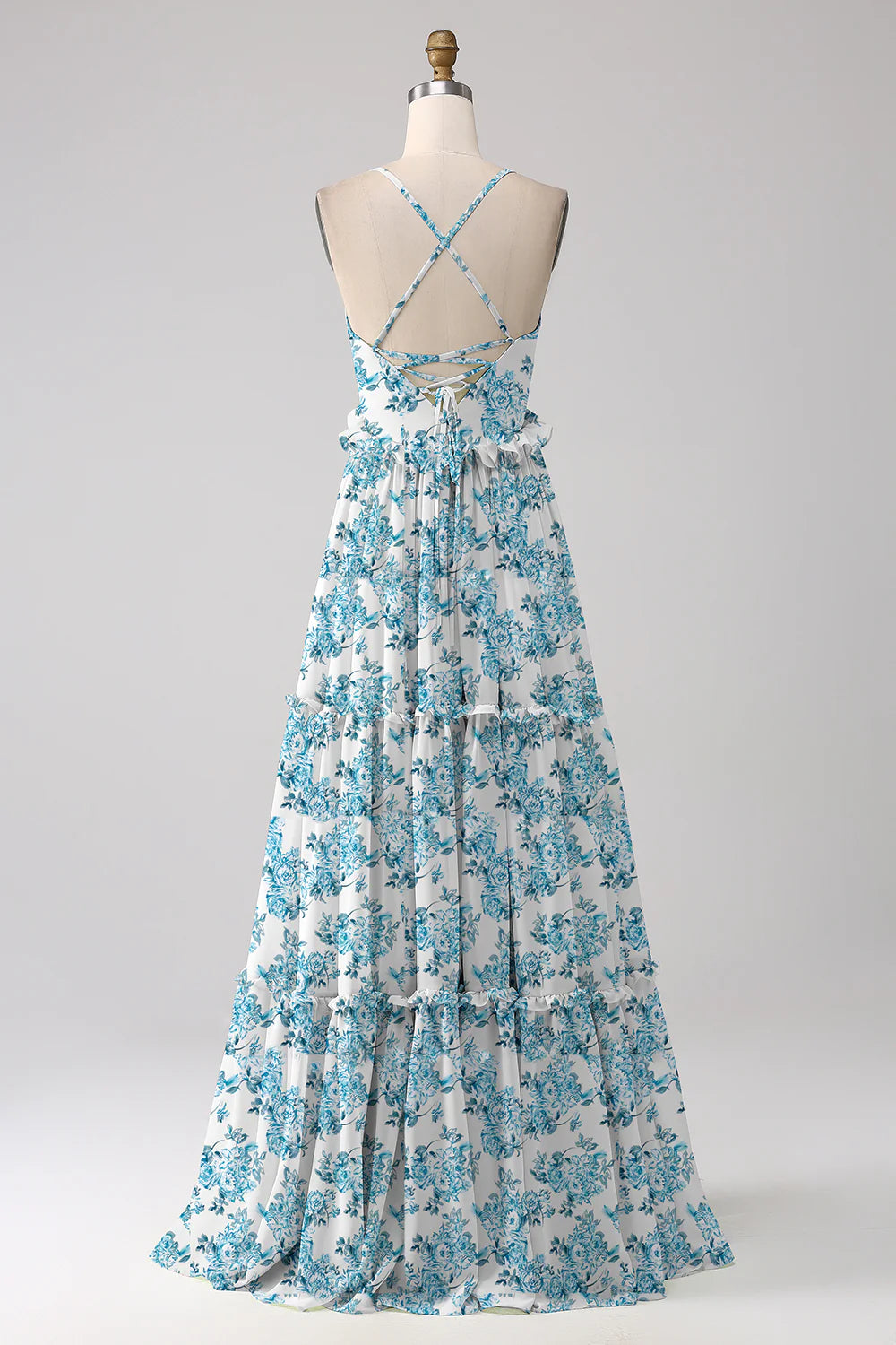 Blue flower A-line thin suspender cross backless long bridesmaid dress