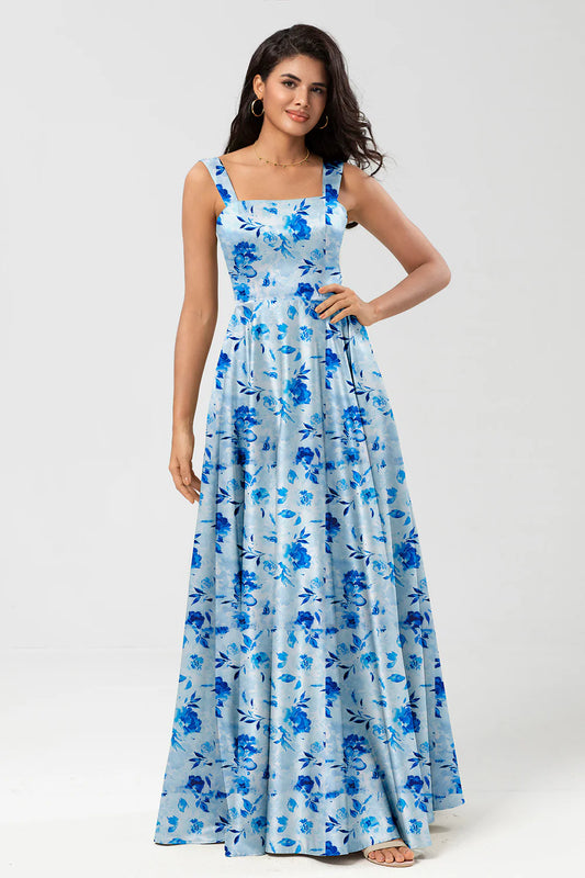 Blue Flower A-Line Square Neck Floor Length Satin Bridesmaid Dress with Pocket