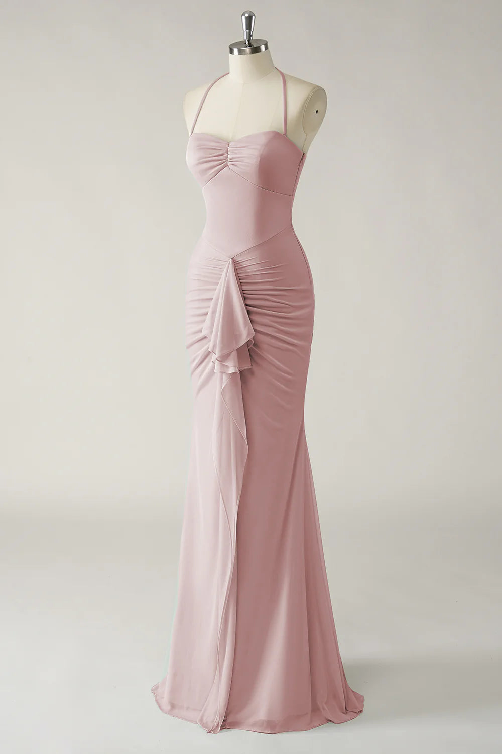 Dusty Rose Mermaid Halter Open Back Ruched Long Bridesmaid Dress