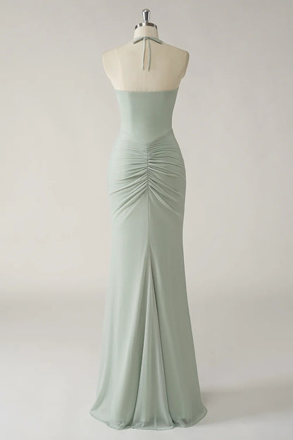 Dusty Rose Mermaid Halter Open Back Ruched Long Bridesmaid Dress