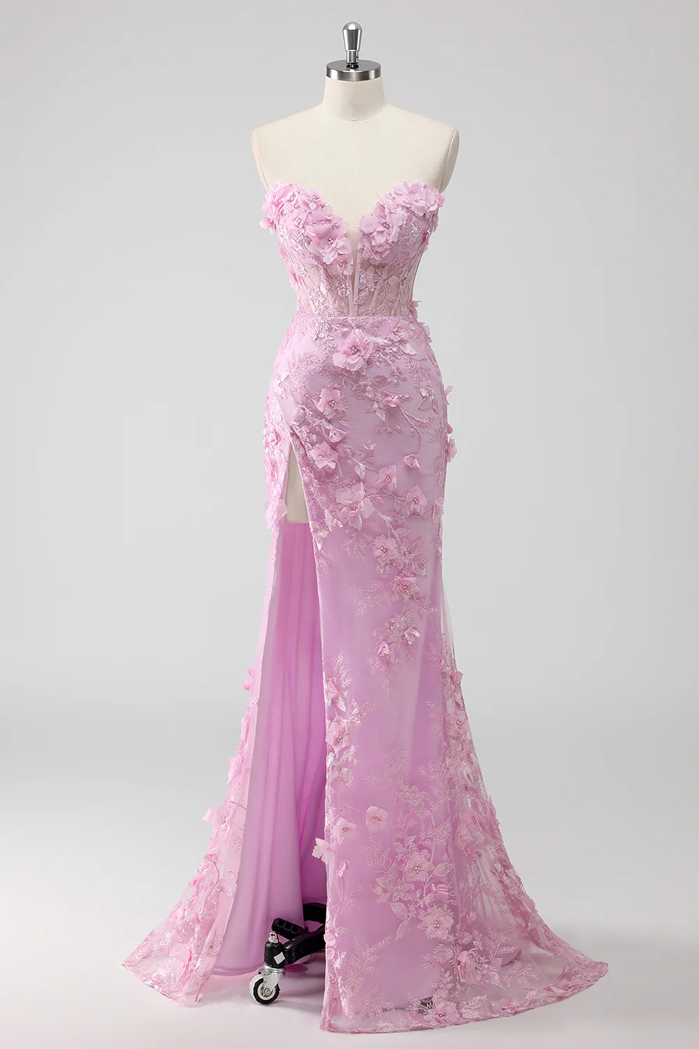 Lilac Mermaid Strapless Corset Appliqued Long Prom Dress with Slit