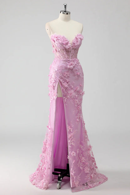 Lilac Mermaid Strapless Corset Appliqued Long Prom Dress with Slit