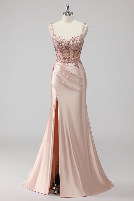 Blush Spaghetti Straps Sequins Corset Mermaid Prom Dress