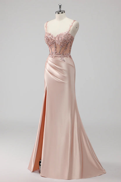 Blush Spaghetti Straps Sequins Corset Mermaid Prom Dress