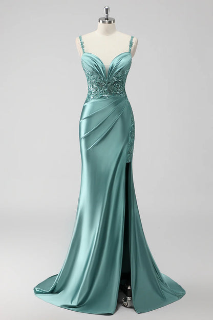 Green mermaid slim suspender sequin long with slit ball dress