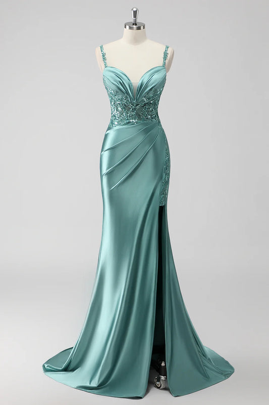 Green mermaid slim suspender sequin long with slit ball dress