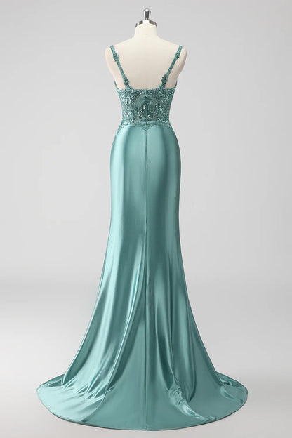 Green mermaid slim suspender sequin long with slit ball dress