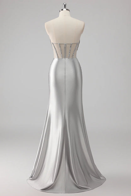 Grey Strapless Corset Mermaid Sequins Prom Dress
