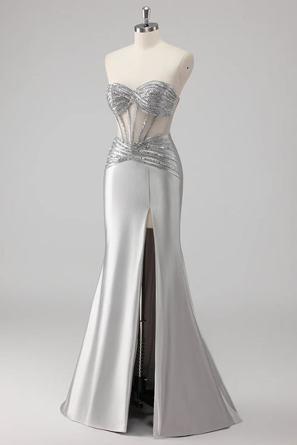 Grey Strapless Corset Mermaid Sequins Prom Dress