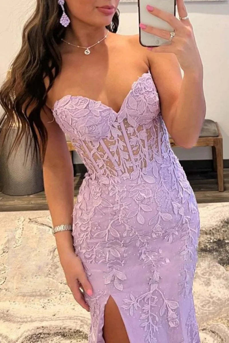 Glamorous Sleeveless lace corset beaded high-slit mermaid Evening Dress