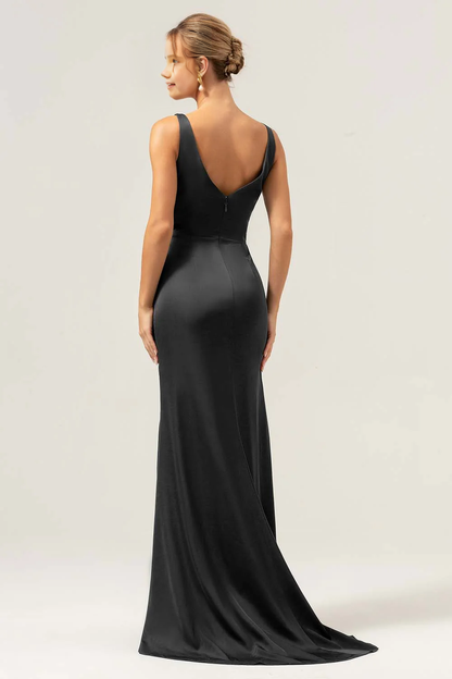 Mermaid V-neck pleated high-low satin bridesmaid dress with slit