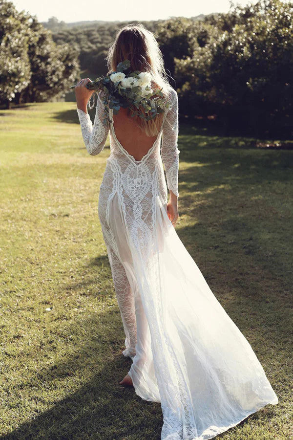 Long sleeved backless lace beach wedding dress