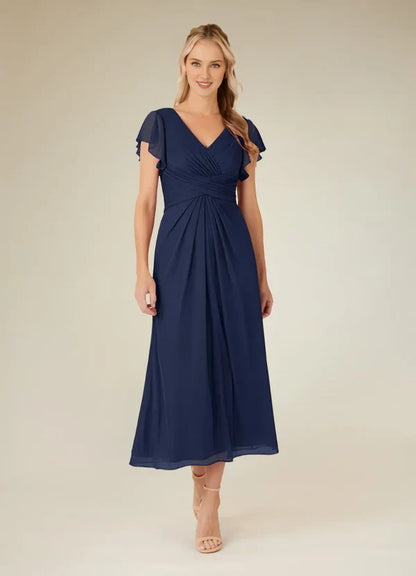 Eucalyptus tree A-line V-neck pleated mesh tea long mother of bride dress