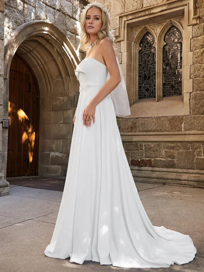 Elegant flower decal slit strapless and floor length wedding dress