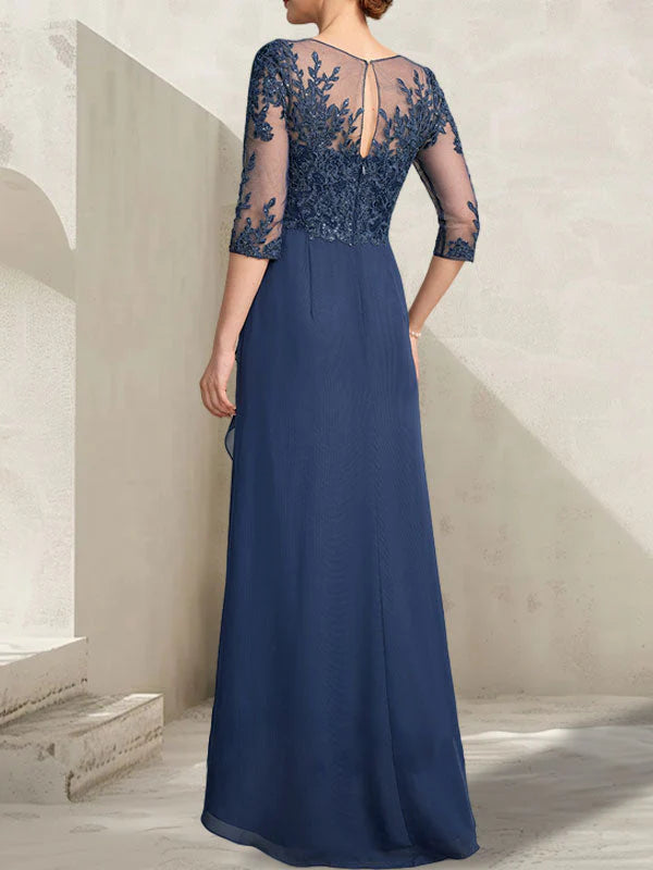A-line Scoop Illusion Asymmetrical Lace Chiffon Mother of the Bride Dress With Sequins Cascading Ruffles