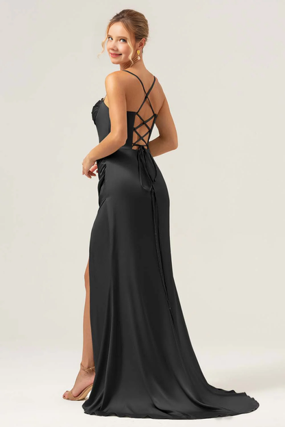 Collar pleated satin bridesmaid dress with slit