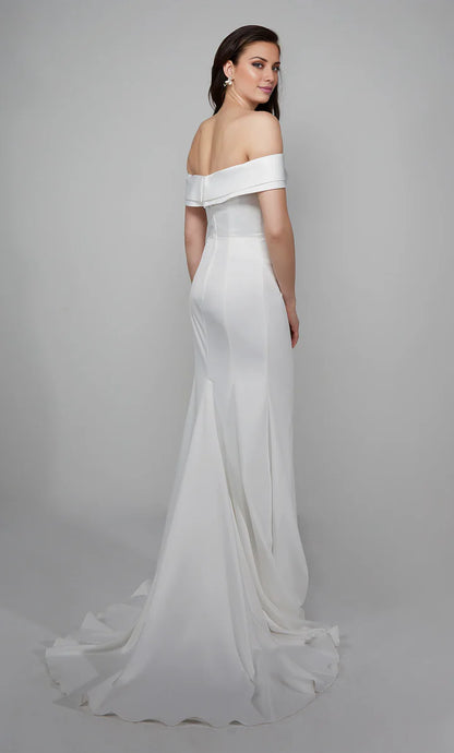 Perfect satin off shoulder straight tube backless side pleated high slit wedding dress