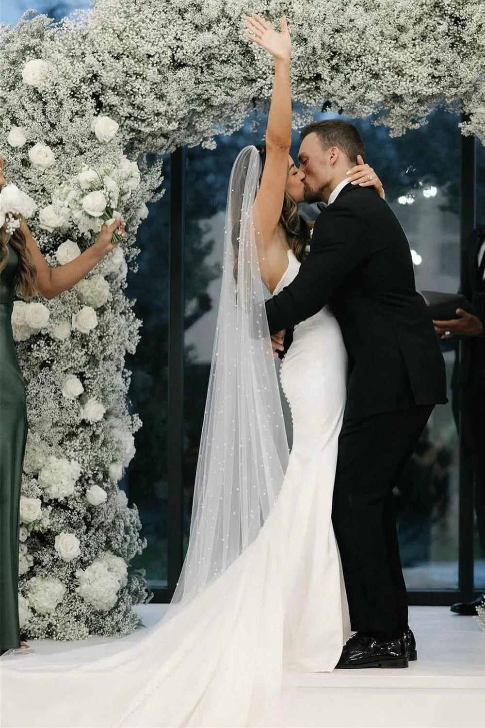 Elegant Mermaid Strapless White Long Wedding Dress with Button Up