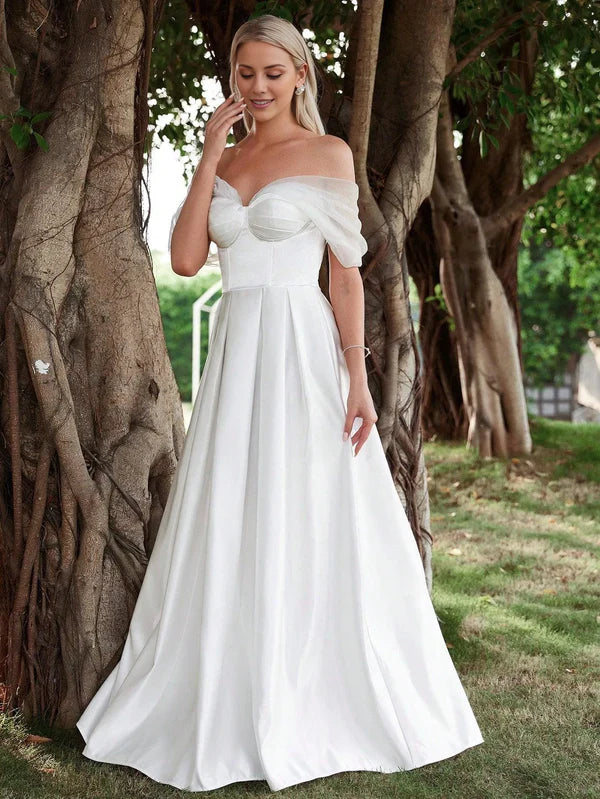 Shoulderless pleated half body satin and floor length wedding dress