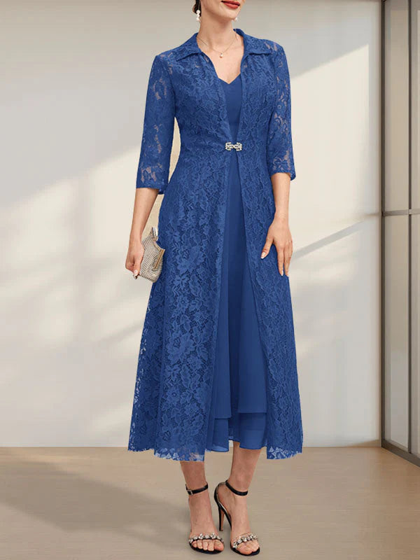 V-Neck Tea-Length Chiffon Mother of the Bride Dress
