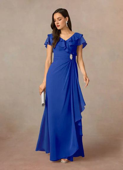 A-link V-neck pleated chiffon and floor length mother of bride dress